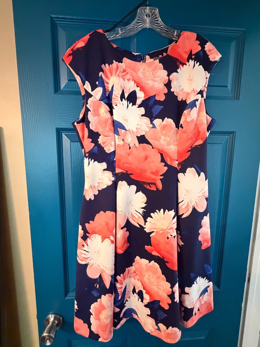 Vince Camuto Navy Dress - Coral Floral Print |Fitted Bodice | Zipper Back